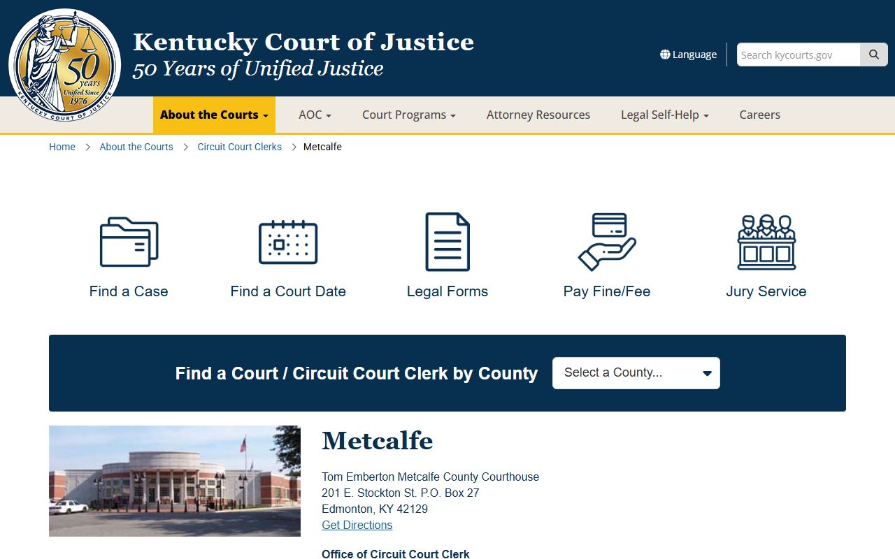 Metcalfe County court records on the Kentucky Court of Justice county page